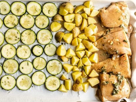 One Pan Dinners Chicken Zucchini, Chicken Potatoes Zucchini Bake, Baked Chicken And Squash Recipes, Sheet Pan Zucchini And Potatoes, Sheet Pan Dinners Zucchini, One Sheet Pan Meals Zucchini, Sheet Pan Chicken Zucchini Squash, Sheet Pan Chicken And Squash, Chicken Zucchini Potato Recipes