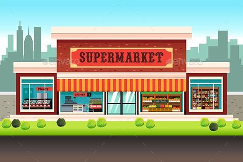 Supermarket Grocery Store by artisticco | GraphicRiver Community Places, Grocery Store Design, Grocery Supermarket, Building Icon, Supermarket Design, Supermarket Shelves, Village Shop, Scenery Background, 수채화 그림