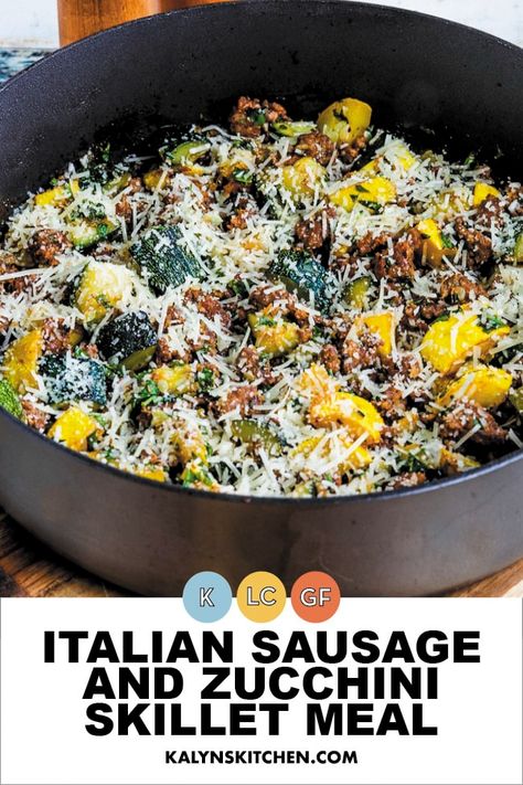 This Italian Sausage and Zucchini Skillet Meal is quick and delicious and this is a new way to use zucchini in a low-carb one-pan dinner! [found on kalynskitchen.com] #SkilletMeal #LowCarbSkilletMeal Sausage And Zucchini Skillet, Italian Sausage And Zucchini, Ww Inspiration, Ground Italian Sausage Recipes, Sweet Italian Sausage Recipes, Healthy Sausage Recipes, Zucchini Skillet, Ground Sausage Recipes, Best Zucchini Recipes