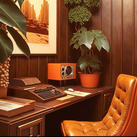 70s Aesthetic Office, 70s Office Aesthetic, Tva Aesthetic, Midcentury Modern Desk, 70s Room, Electric Colors, 70s Interior Design, Retro Rooms, 80s Interior