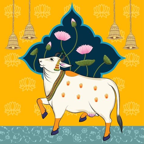 Vector indian traditional cow art work w... | Premium Vector #Freepik #vector #pichwai #traditional-background #indian-pattern #traditional Om Symbol Art, Lotus Designs, Artist Sketching, Cow Wallpaper, Cow Drawing, Black Canvas Paintings, Lotus Flower Art, Peacock Wall Art, Traditional Wall Art