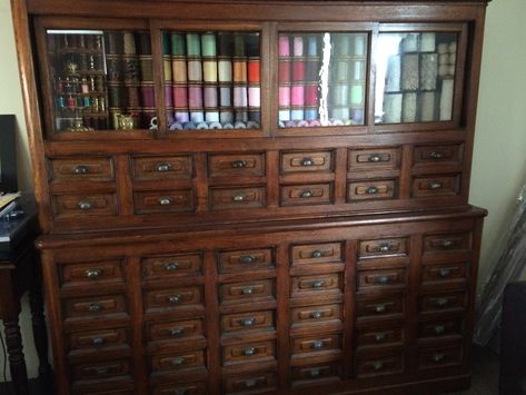 Sewing Room Vintage, Gothic Sewing Room, Victorian Craft Room, Dark Academia Sewing Room, Victorian Sewing Room, Sewing Room Aesthetic, Colorado Apartment, Apothecary Drawers, Evermore Aesthetic