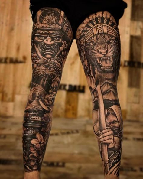 Dark Sleeve, Calf Tattoo Men, Back Of Leg Tattoos, Japanese Leg Tattoo, Best Leg Tattoos, Shin Tattoo, Animal Sleeve Tattoo, Full Leg Tattoos, Skull Sleeve