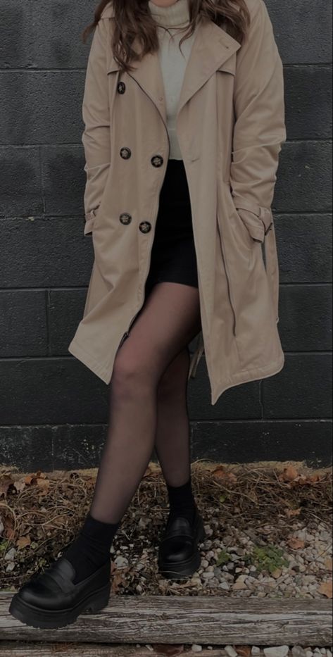 Trench And Skirt Outfit, Black Mini Skirt Trench Coat, Autumn Coat Aesthetic, Dark Academia Trench Coat Outfit, Trench Coat And Skirt Outfit Winter, Dark Academia Mini Skirt, Trench Coat Over Dress, Trench Coat And Loafers Outfit, Trench Coat With Skirt Outfit