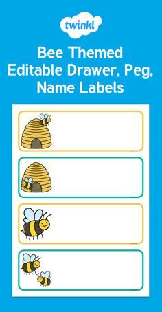 Bee Themed Editable Drawer, Peg, Name Labels - These lovely themed editable labels are a time-saving must! They can be used as nameplates for desks, name cards for cubbies or labels for your classroom - Twinkl Bee Labels Printables Free, Bee Name Tags Free Printable, Bee Bulletin Board Ideas, Bee Name Tags, Bee Classroom Theme, Bee Bulletin Boards, Bee Classroom Decor, Bee Room, Bee Ideas