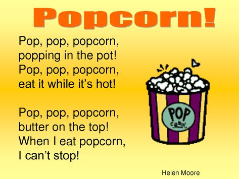 "Popcorn Poem" Short Poems For Children, English Poems For Children, English Love Poems, Short Poems For Kids, Poems For Children, English Poem, Preschool Poems, English Poems For Kids, Patriotic Poems