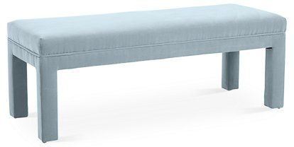 Brittany Bench, Sky Blue Velvet Now: $624.50 Was: $785.00 Linen Bench, Grey Benches, Padded Bench, Blue Bench, Entry Furniture, Velvet Bench, Striped Upholstery, End Of Bed Bench, Pine Furniture