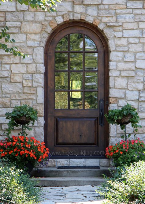 Beautiful Round Top Door. This round top mahogany wood exterior door set in stone is stunning :) bought at www.nicksbuilding.com   ..rh Round Top Door, Arched Exterior Doors, Scandinavian Decoration, Hippie Camper, Arched Front Door, Double Front Entry Doors, Arched Doorways, Roof Ideas, Doors Ideas