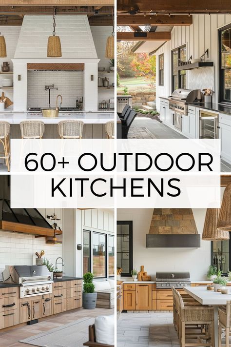 Transform your backyard into a culinary oasis! ��🍴 Explore 60 breathtaking outdoor kitchen ideas that blend style, functionality, and outdoor charm. Your perfect outdoor retreat awaits! Outdoor Porch Kitchen Ideas, Outdoor Living Kitchen Patio, Basic Outdoor Kitchen, Outdoor Bbq Kitchen Modern, Covered Outdoor Kitchen Design, Outdoor Kitchens Ideas, Outdoor Kitchen Layout, Backyard Kitchen Ideas, Summer Kitchens