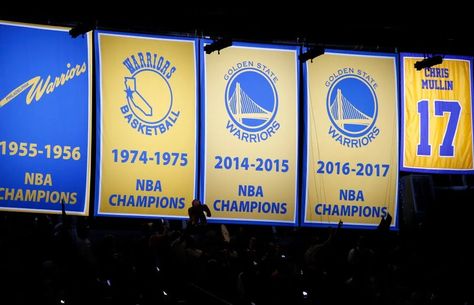 The Golden State Warriors 2017 NBA Championship banner is unveiled before their game against the Houston Rockets at Oracle Arena in Oakland, Calif. on Tuesday, Oct. 17, 2017 Warriors Championship, Championship Banner, Oracle Arena, Nba Championship, Nba Championships, Nba Champions, Houston Rockets, Stephen Curry, City Aesthetic