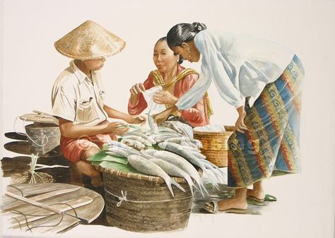 Fish Market Painting, Fish Market Illustration, Fish Market Drawing, Sejarah Asia, Singapore Art, Myanmar Art, Filipino Art, Human Figure Sketches, Drawing Competition