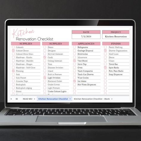 Kitchen Renovation Planner Google Sheets and Excel Spreadsheet plannerbrand #plrplanners #freeplannerinserts. Cleaners Checklist, Moving Day Checklist, Family Budget Planner, Renovation Planner, Cleaning Checklist Template, Excel Spreadsheets Templates, Declutter Checklist, New Home Checklist, How To Clean Mirrors