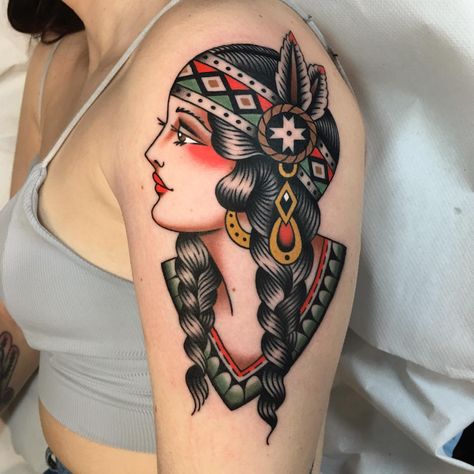 Tattoo artist Paola Fernández | Granada, Spain | iNKPPL Traditional Tattoo Native American, Traditional Tattoo Indian, Indian Headdress Tattoo, Indian Women Tattoo, Traditional Tattoo Girls, Indian Girl Tattoos, Traditional Tattoo Woman, Headdress Tattoo, Old School Tattoos