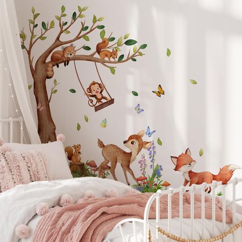 PRICES MAY VARY. Cute woodland animals wall art! Includes tree, flowers, butterflies, mushrooms, and many baby animals such as monkey, raccoon, squirrel, fox, deer, and more. Easy to add a lot of fun to your walls. Material: Vinyl. Non-toxic, environmental protection, waterproof. Easy to apply, remove and reuse without leaving damage or residue. Very easy to assemble and great focal point in your baby nursery, kids room, classroom, bedroom, baby girls and boys room. It can be stuck to walls, fur Enchanted Forest Nursery Theme, Wall Stickers Nursery, Woodland Animal Wall Art, Wall Decor Birthday, Animal Baby Room, Jungle Tree, Wall Art Decals, Classroom Wall Decor, Kids Bedroom Inspiration