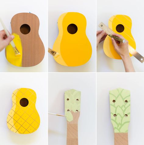 Guitar Deco, Guitar Art Project, Pink Ukulele, Ukulele Diy, Pineapple Ukulele, Painted Pineapple, Painted Ukulele, Ukulele Design, Guitar Crafts