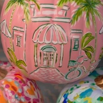 Katie Herman on Instagram: "Finishing touches are complete 🎨 just in time for Friday’s release! #paintedpumpkins #pumpkins #handpainted #pinkpumpkins #blueandwhite #oneofakind #katiehermanart" Painting On A Pumpkin Ideas, Tropical Pumpkin Painting Ideas, Detailed Painted Pumpkin, Elegant Painted Pumpkins, Floral Painted Pumpkins, Lilly Pulitzer Pumpkin, Halloween Pumpkins Painted, Pink Pumpkins, Painted Ornaments