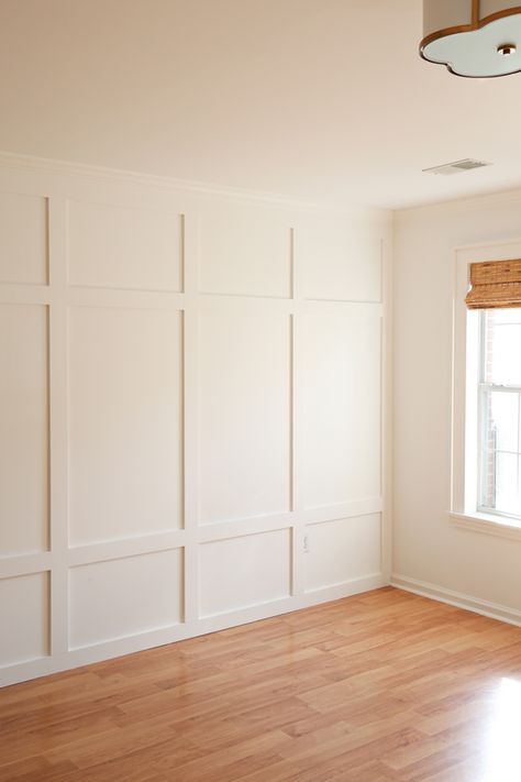 Light Grey Board And Batten Wall, Diy Wall With Wood Panels, Wainscoting Square Grid, Batten Nursery Wall, Diy Wood On Walls, Diy Molding Accent Wall, Diy Board Batten Wall, Full Board And Batten Wall Bedroom, Natural Board And Batten Wall