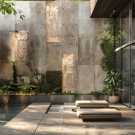 Bold Brutalist Compound Wall Ideas for Architectural Statement • 333+ Art Images Luxury Compound Wall Design, Compound Wall Ideas Houses, Brutalist Architecture House, Brutalist House Design, Pool Wall Design, Compound Wall Ideas, Moodboard Architecture, Basement Exterior, Brutalist Interior Design