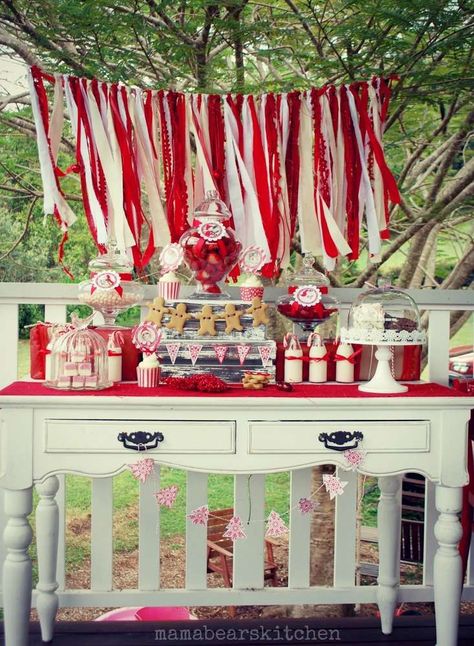 Red and white dessert table at a Christmas party! See more party planning ideas at CatchMyParty.com! White Christmas Tree Garland, Red And White Party, White Dessert Tables, Canada Party, Canada Day Party, White Christmas Party, Vintage Christmas Party, Holiday Party Ideas, Christmas Dessert Table