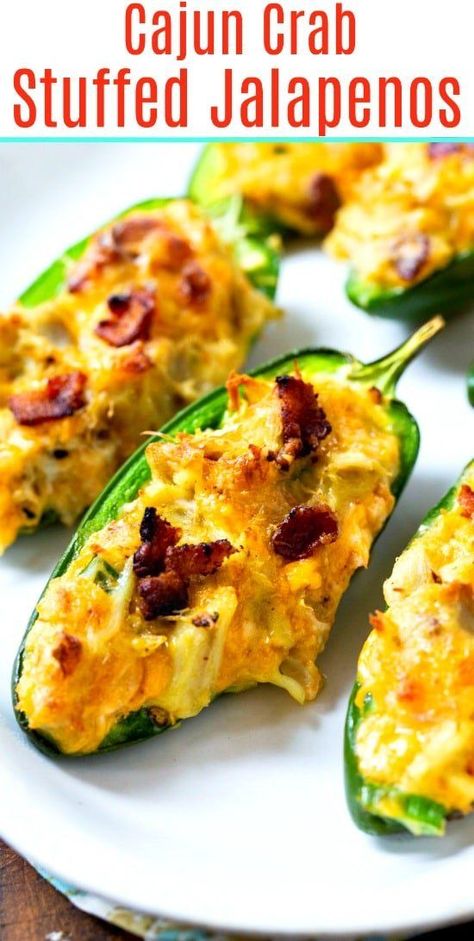 Cajun Crab Stuffed Jalapenos Cajun Crab Recipes, Crab Stuffed Jalapenos, Crab Jalapeno Poppers, Cajun Brunch Ideas, Jalapeno Candy, Crab Dinner Ideas, Cajun Appetizers Easy, Cajun Appetizer, Baked Stuffed Jalapenos