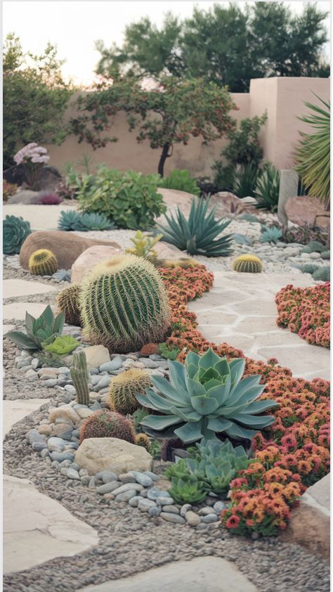 Succulent rock garden design featuring cacti, stones, and colorful succulents. Succulent Rock Garden Landscaping, Ideas For Flower Beds, Succulent Rock Garden Ideas, Landscaping Stones, Succulent Rock Garden, Rock Garden Ideas, Succulent Landscape Design, Waterwise Garden, Succulent Landscaping