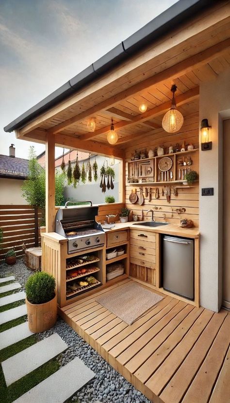 Tiny Home With Outdoor Kitchen, Tiny House Outdoor Kitchen, Tiny House Yard Ideas, Tiny House With Outdoor Kitchen, Small Garden Kitchen Outdoor, Tiny Home Backyard Ideas, Outdoor Small Kitchen Ideas, Covered Outdoor Space, Compact Outdoor Kitchen