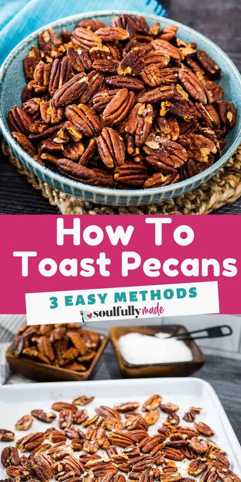 Learn How to Toast Pecans in the oven, on the stovetop, or in the microwave for more flavor and extra crunch! Roasting Pecans takes ordinary pecans and turns them into absolutely fantastic in just minutes. Salted Pecans Roasted, How To Roast Pecans In Oven, Roasting Pecans, Roast Pecans, How To Toast Pecans, Toast Pecans, Toasted Pecans Recipe, Roasted Pecans Recipe, Honey Roasted Pecans