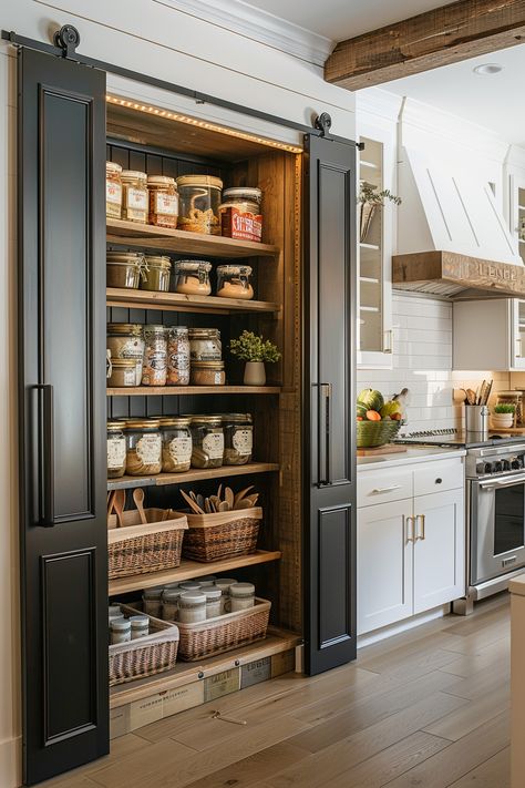 Farmhouse Kitchen Pantry Ideas - Quiet Minimal Open Pantry, Farmhouse Pantry, Shabby Home, Pantry Ideas, Kitchen Pantry Design, Rustic Farmhouse Kitchen, Pantry Design, Kitchen Redo, Kitchen Pantry