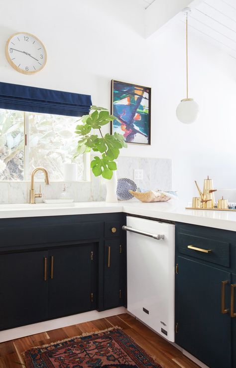 Emily Henderson | My affordable white kitchen appliances                                                                                                                                                     More Navy Kitchen Cabinets, White Kitchen Appliances, Navy Kitchen, White Appliances, Eclectic Kitchen, Blue Cabinets, Big Kitchen, Classic Kitchen, Kitchen Marble