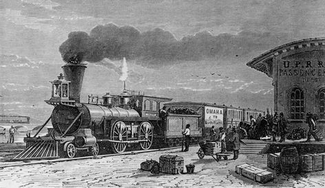 Railroads Industrial revolution - ThingLink Victorian Illustration, Railroad Companies, Union Pacific Railroad, Omaha Nebraska, Henry Ford, Industrial Revolution, Wood Engraving, Railway Station, The Pacific