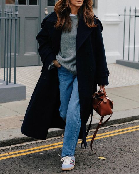 Minimal outfit inspiration, Levis jeans, Arket knitted grey jumper and oversized navy wool coat from Jigsaw Wool Coat Outfit Casual, Navy Jumper Outfit, Kim Turkington, Oversized Jumper Outfit, Grey Jumper Outfit, Grey Wool Coat Outfit, Wool Coat Outfits, Navy Coat Outfit, Oversized Coat Outfit