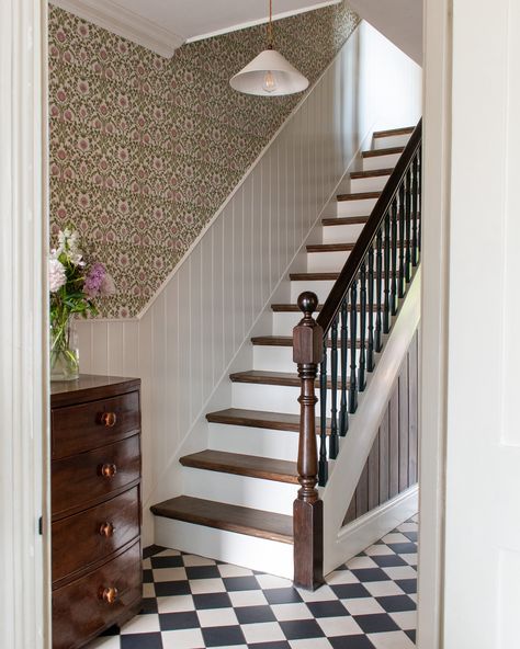 Stairway Walls, Hanging On By A Thread, Gallery Wall Staircase, Cottage Interior Design, Stair Makeover, Hallway Inspiration, Wainscoting Panels, Cottage Interior, Mini Makeover