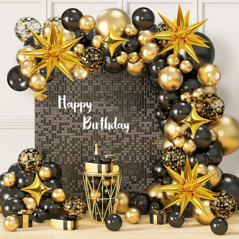 PRICES MAY VARY. Black and gold balloons: Contains 2*18in metal balloons, 10*12in metal balloons, 15*10in metal balloons, 20*5in metal balloons, 2*18in black balloons, 18*12in black balloons, 20*10in black balloons, 25*5in black balloons, 5*12 inch confetti balloons, 3*22 inch starburst aluminum film balloons, 3*10 inch gold four-pointed star balloons, 1 gold ribbon, 1 balloon chain , 1 glue dot. Material: Gold and black balloons are made of thick natural latex that you can reuse at your next pa Man 30th Birthday Ideas, Gold And Black Balloons, Birthday Balloon Garland, Gold Theme Party, Black And Gold Party Decorations, Black And Gold Party, Black And Gold Balloons, 50th Birthday Party Decorations, Easy Party Decorations