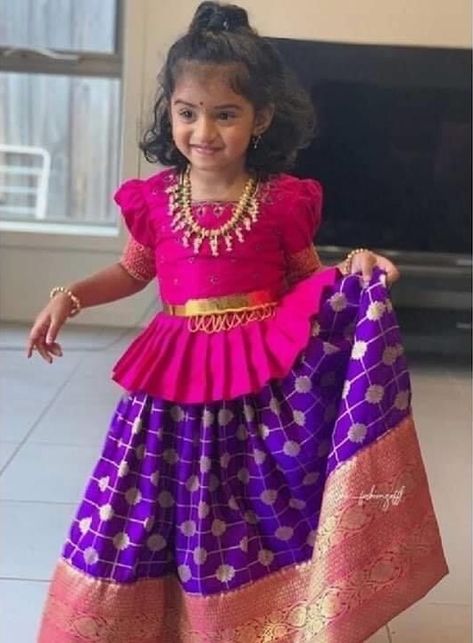 Pink colour Langa Designs, Pattu Langa, Kids Party Wear Dresses, Pattu Pavadai, Kids Dress Collection, Kids Blouse Designs, Kids Lehenga, Kids Frocks Design, Kids Dress Wear