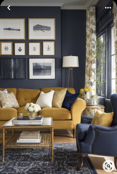 Dark Teal Furniture, Living Room Yellow Couch, Blue Gold Living Room, Snug Ideas, Blue And Gold Living Room, Blue And Yellow Living Room, Teal Furniture, Living Room Yellow, Tv Room Decor