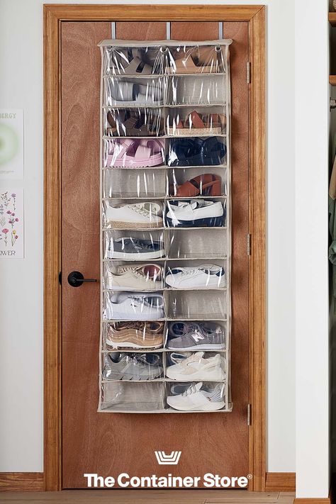 Step up your shoe organization with our 24-Pocket Over the Door Shoe Organizer. Simply hang it over virtually any door and enjoy instant storage space and easy access to your shoes or small handbags. Plus, by moving your shoes off the floor or shelf and onto the previously unused space on a door, you free up more room in your closet. Holds up to 24 pairs of shoes or small handbags. Perfect for small dorm and apartment closets too! Studio Apartment Shoe Storage, Door Organizer Ideas, Apartment Closets, Over The Door Shoe Organizer, Best Shoe Rack, Small Apartment Organization, Taylor Swift Birthday Party Ideas, Shoe Organization, Small Dorm