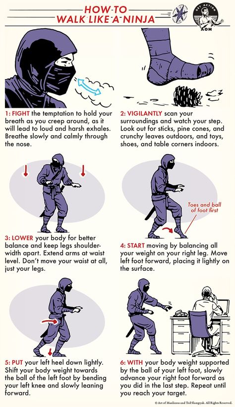 How to Walk Like a Ninja: An Illustrated Guide | The Art of Manliness Monochrome Nails, Fighter Workout, Ninja Mask, Trening Sztuk Walki, Self Defence Training, Survival Skills Life Hacks, How To Walk, Art Of Manliness, Martial Arts Techniques