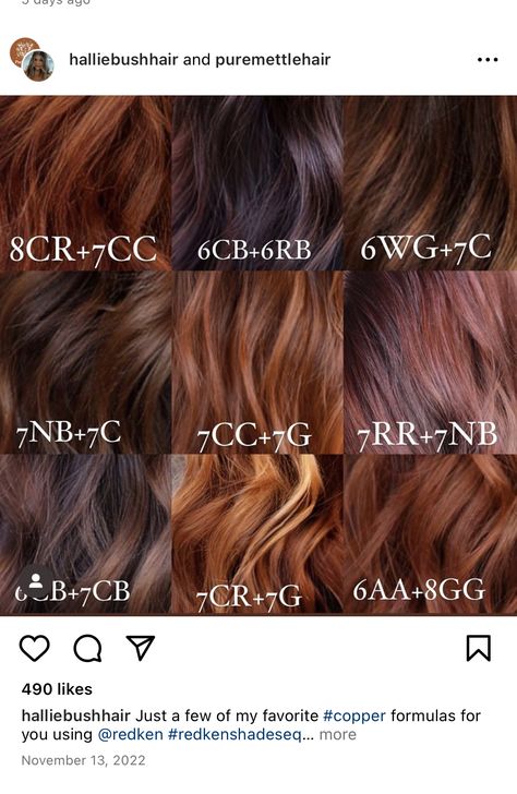 Carmel And Red Lowlights On Brown Hair, Redken Cherry Cola Hair Color, Copper Brown Formula, Copper Red Hair Colour, Auburn Hair Formula, Copper Formula, Redken Color Formulas, Red Hair Formulas, Shades Formulas