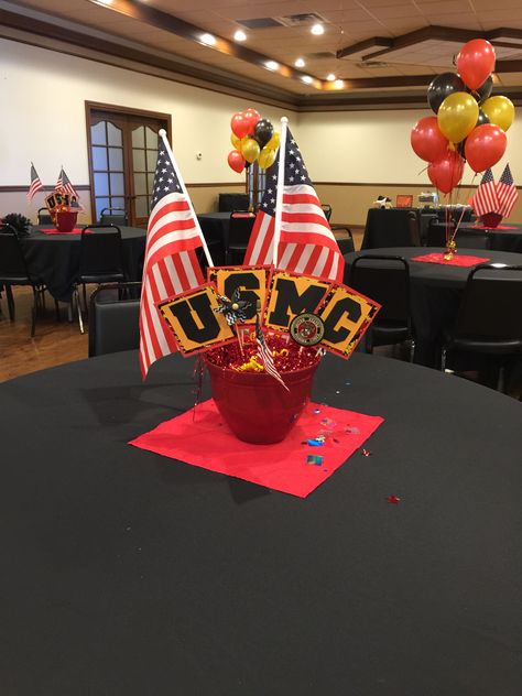 Marine Corps Centerpieces, Marine Party Ideas, Marine Retirement Party, Usmc Retirement Party Ideas, Boot Camp Graduation Party, Usmc Party, Marine Corps Cake, Military Send Off Party Ideas, Marine Retirement