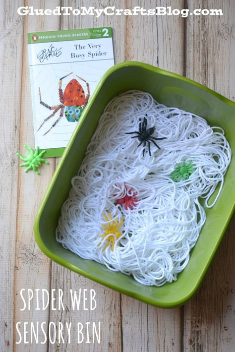 Spider Web Sensory Bin Idea Eric Carle Activities Preschool, Paper Plate Spider, Eric Carle Classroom Theme, Spiders Preschool, Eric Carle Crafts, Eric Carle Classroom, Eric Carle Art, Eric Carle Activities, The Very Busy Spider