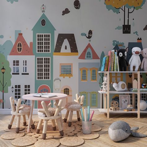 Watercolor Buildings Adhesive Wallpaper for Kids Room Watercolor Children and Baby's Room Mural Decor, City View Adhesive Wall Mural Playroom Wallpaper Accent Wall, Playroom Wall Mural, Christmas Playroom, Watercolor Buildings, Wallpaper For Kids Room, Kids Mural, Room Watercolor, Cork Wallpaper, Montessori Nursery