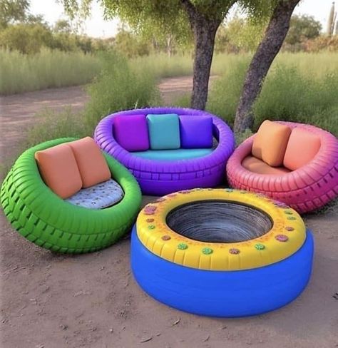 Kursi Ban, Tire Ideas, Repurposed Tire, Diy Kids Playground, Tire Craft, Tire Furniture, Tire Garden, Kids Backyard Playground, Tire Art