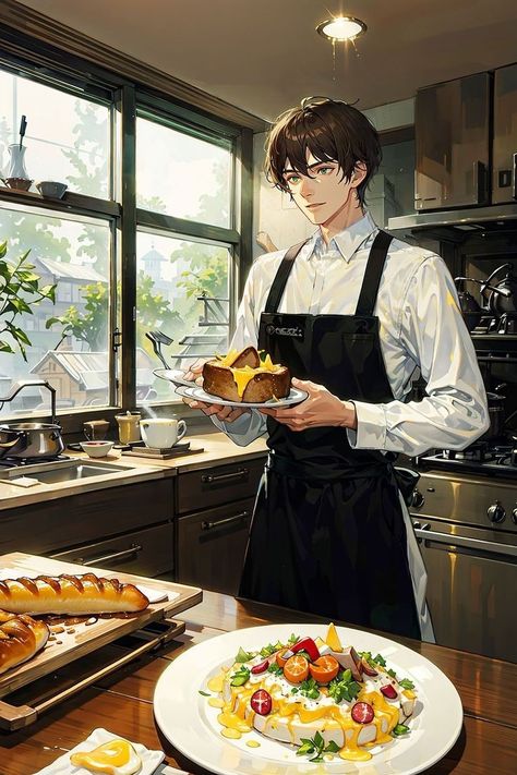 Anime Chef Guy, Anime Chef, Story References, Anime Handsome, Coffee Watercolor, Anime Long Hair, Life Illustration, Men Cartoon, Cooking Design