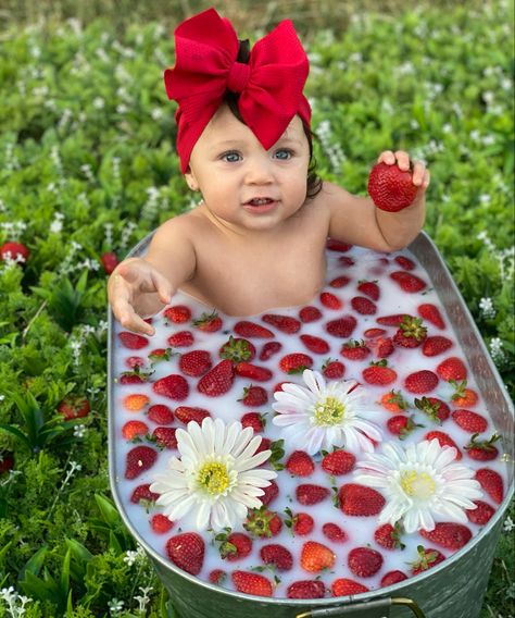 Strawberry Milk Bath, Baby First Birthday Themes, Strawberry Shortcake Party, Baby Birthday Themes, Strawberry Baby, 1st Birthday Party Themes, 1st Birthday Photos, First Birthday Party Themes