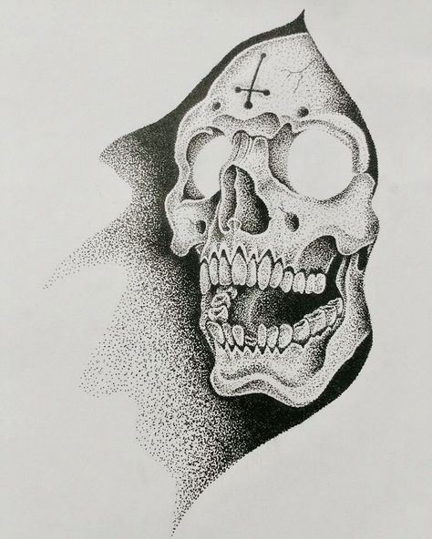 Skull Dotwork, Stippling Tattoo, Dotwork Tattoo Mandala, Wörter Tattoos, Tattoo Dotwork, Stippling Art, Skull Art Drawing, Skulls Drawing, Tattoo Stencil Outline