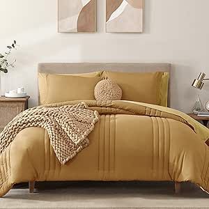 Monbix Queen Comforter Set - 7 Pieces Desert Yellow Bed in a Bag Queen Bedding Sets with Comforters, All Seasons Down Alternative Comforter Bed Set with Sheets, Pillowcases & Shams Yellow Bedding Sets, Striped Comforter, Yellow Bed, Full Size Comforter Sets, Full Bedding, Full Size Comforter, Full Comforter Sets, Queen Size Comforter Sets, King Size Comforter Sets