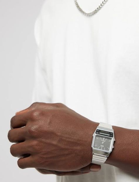 Silver Watch Men Outfit, Casio Watch Aesthetic Men, Mens Jewelry Aesthetic Silver, Silver Watch Outfit, Silver Casio Watch, Mens Watches Minimalist, Lux Watches, Small Watches, Minimal Watch