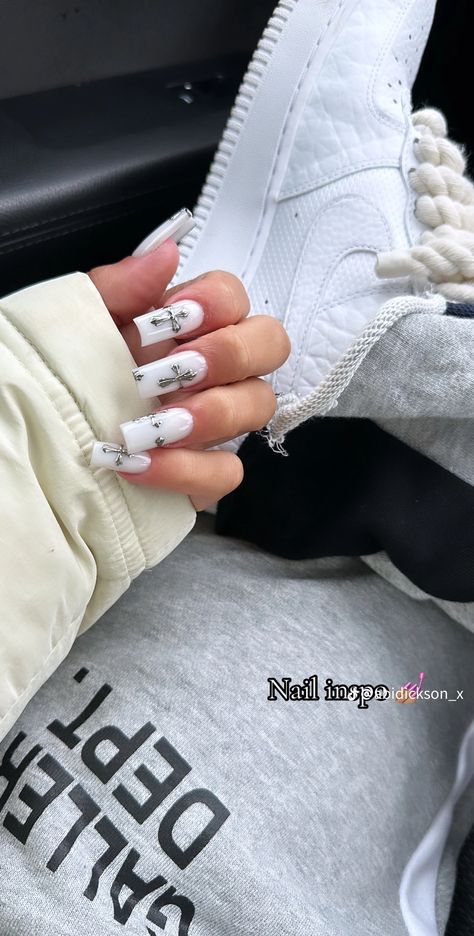 White Chrome Heart Nails, Chrome Hearts Nails, Chrome Heart Nails, White Nail Inspo, Cross Nails, Long Square Nails, Heart Nail Designs, White Nail, Heart Nails