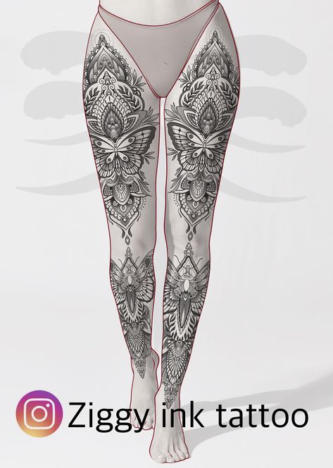 Ziggy Ink Tattoo, Ziggy Tattoo, Leg Sleeves For Females, Full Leg Tattoo Female, Leg Tattoo Female, Full Leg Tattoo, Suit Tattoo, Female Legs, Full Leg Tattoos