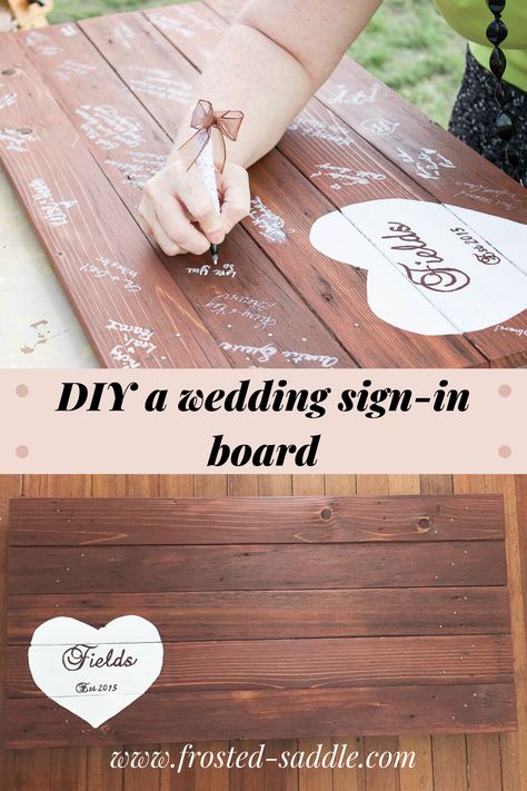 Need a sign-in book alternative?  DIY a wedding guest sign-in board Guest Book Diy Wedding, Diy Wooden Wedding Gifts, Signature Board For Wedding, Diy Guest Book Sign, Wedding Guest Board To Sign, Diy Wood Wedding Signs, Guest Board Wedding, Wedding Guest Sign In Ideas Creative, Wedding Shower Guest Book Ideas